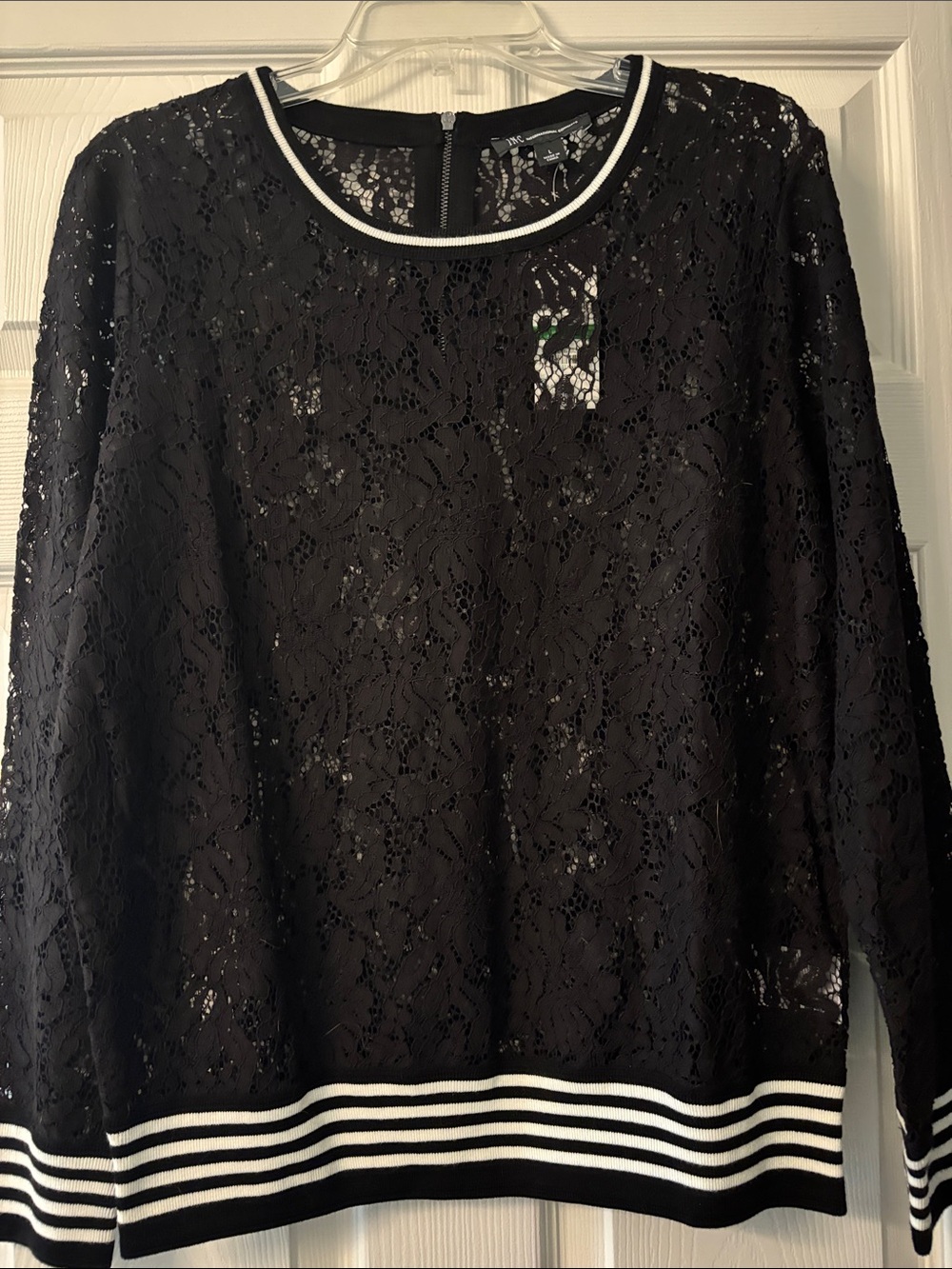 INC International Concepts Black Lace Pullover with White Stripe Trim
